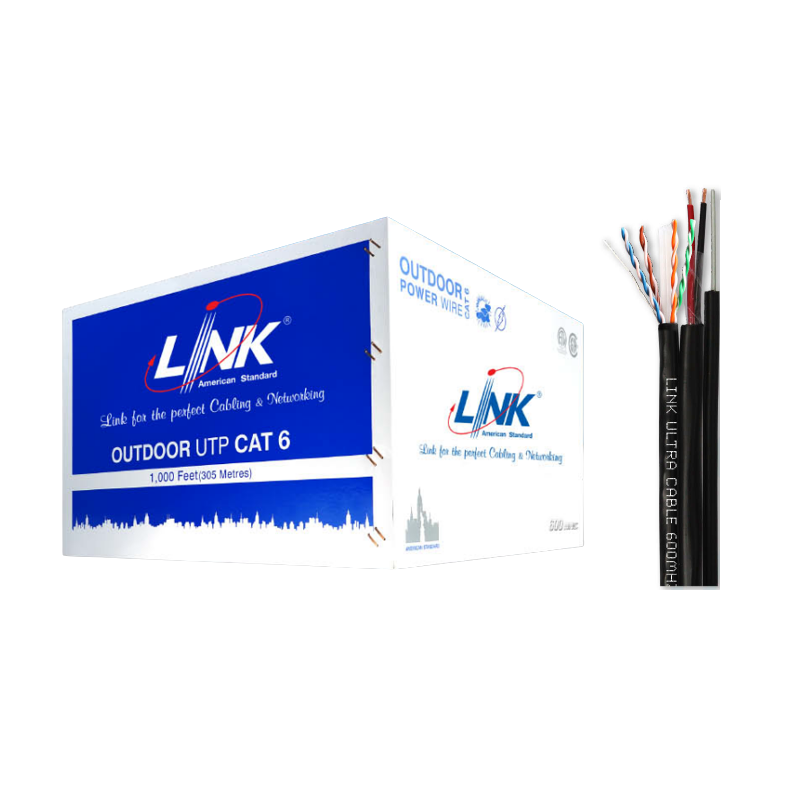 สายUTP+AC+สลิง CAT6 OUTDOOR PE, 2ชั้น, 600 MHz 23AWG X 305 M.สีดำ ; LINK / US-9106MW
