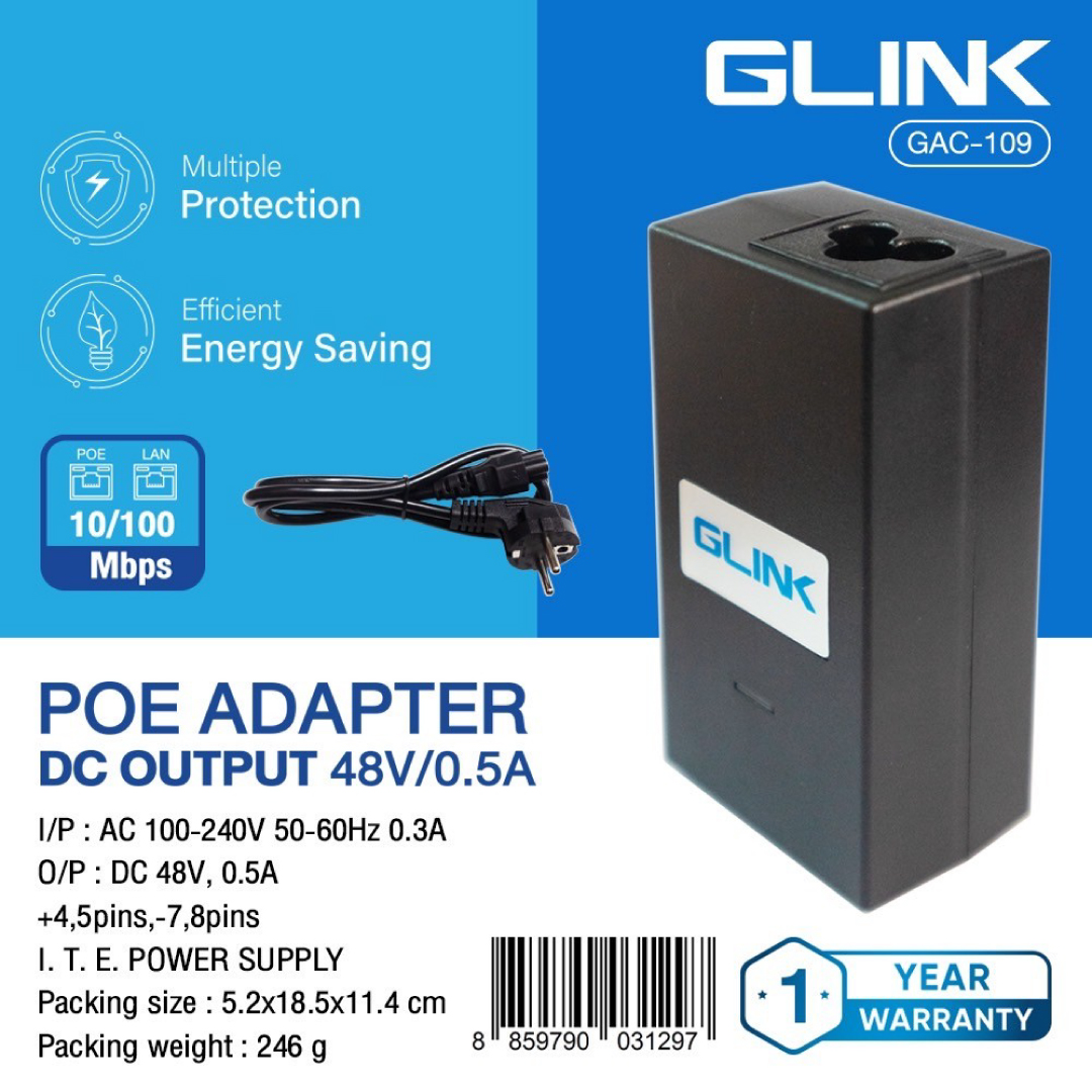 PoE Adapter(POE INJECTOR) 48VDC 0.5A : GLINK / 26631 / GAC-109