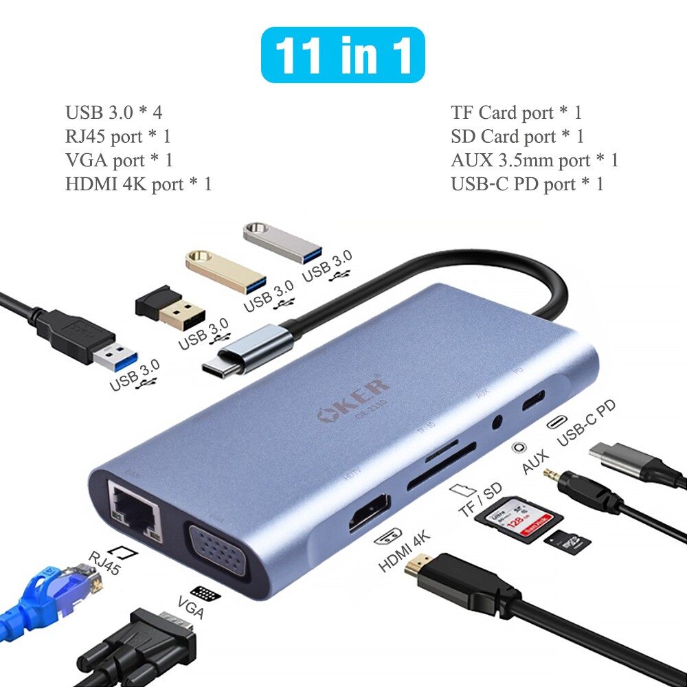 11 IN 1 USB TYPE-C TO HDMI+VGA+LAN+PD+USB 3.0+TF+SD+Audio ; OEM-OKER / 01-33-21-01 / OE-2110