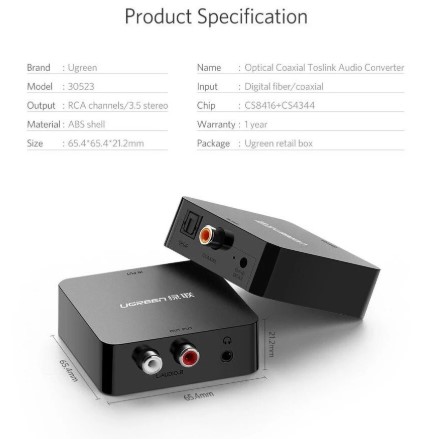 กล่องแปลงAUDIO OPTICAL TO AV ( Audio Digital To Analog ) ; UGREEN / 30523